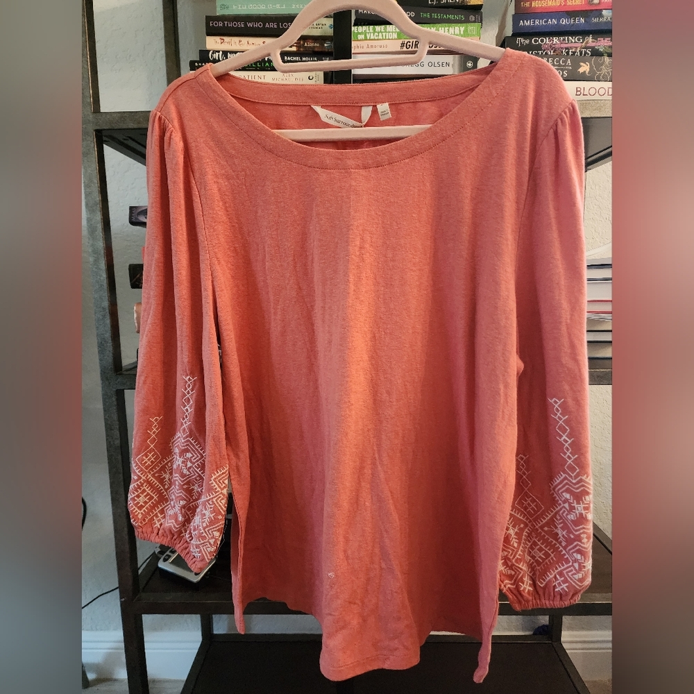 Soft Surroundings Coral Pink Embroidered Sleeve Top